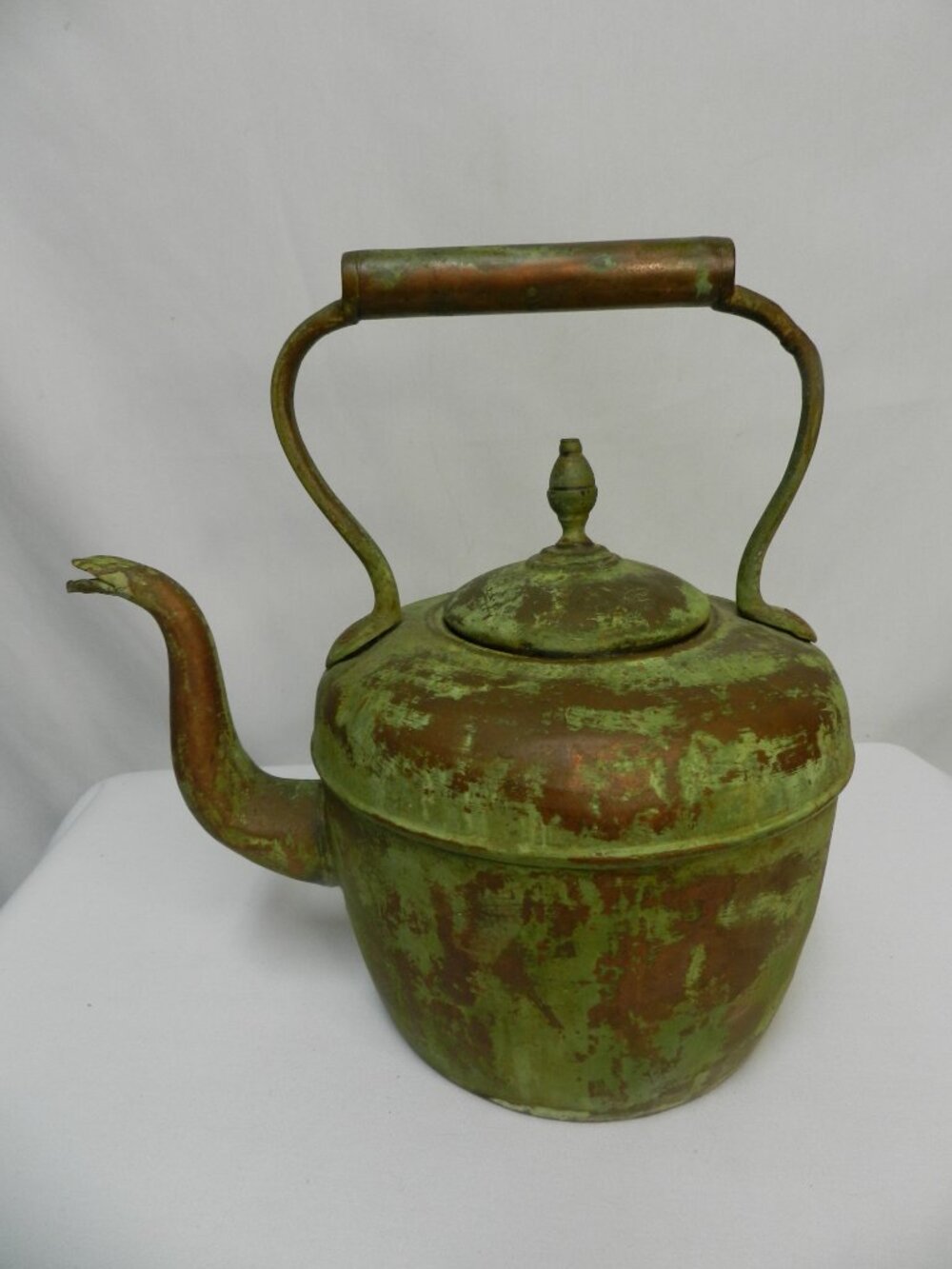 Antique Vintage Copper Tea Kettle Goose neck Spout green patina Handle 12" x 12"